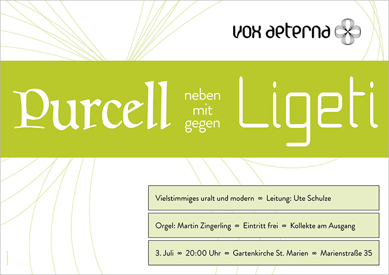 Konzertplakat "Purcell neben/mit/gegen Ligeti" des 16-stimmigen Vokalensembles vox aeterna aus Hannover