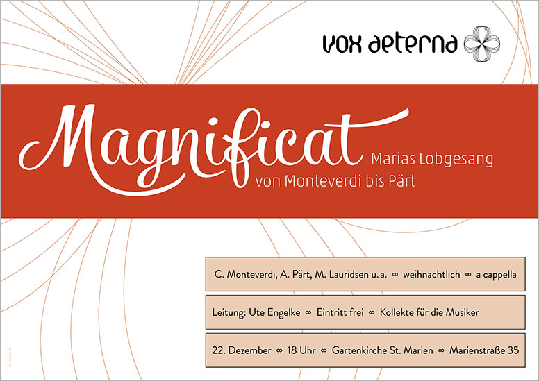 Konzertplakat "Magnificat – Marias Lobgesang von Monteverdi bis Pärt" des 16-stimmigen Vokalensembles vox aeterna aus Hannover