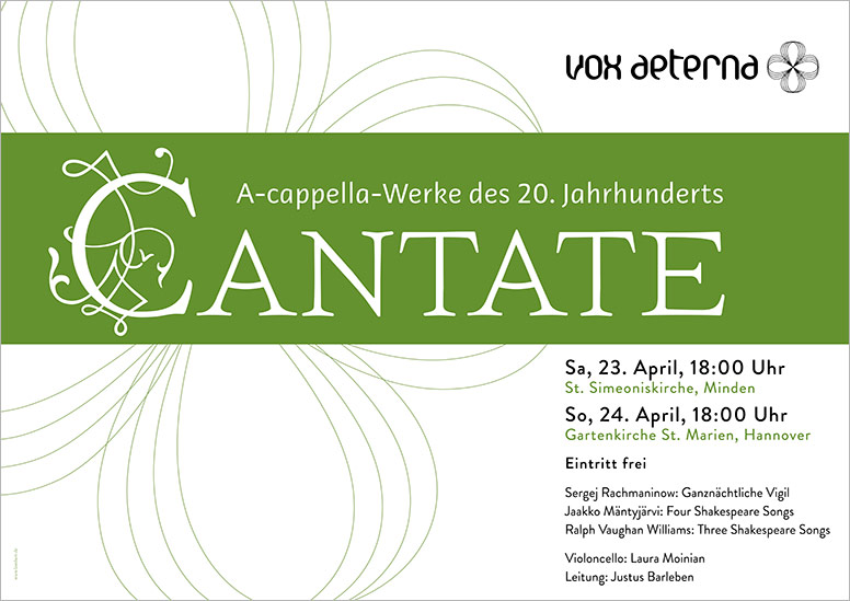 Konzertplakat "Cantate – A-cappella-Werke des 20. Jahrhunderts" des 16-stimmigen Vokalensembles vox aeterna aus Hannover