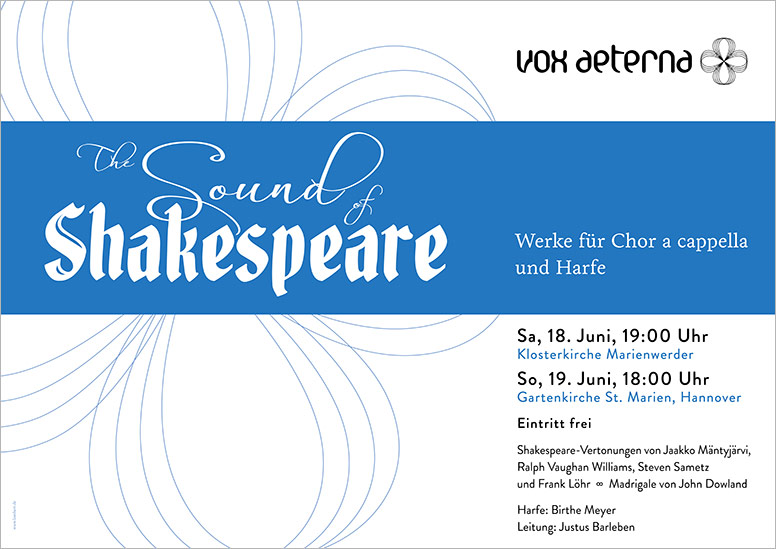 Konzertplakat "The Sound of Shakespeare – Werke für Chor a cappella und Harfe" des 16-stimmigen Vokalensembles vox aeterna aus Hannover