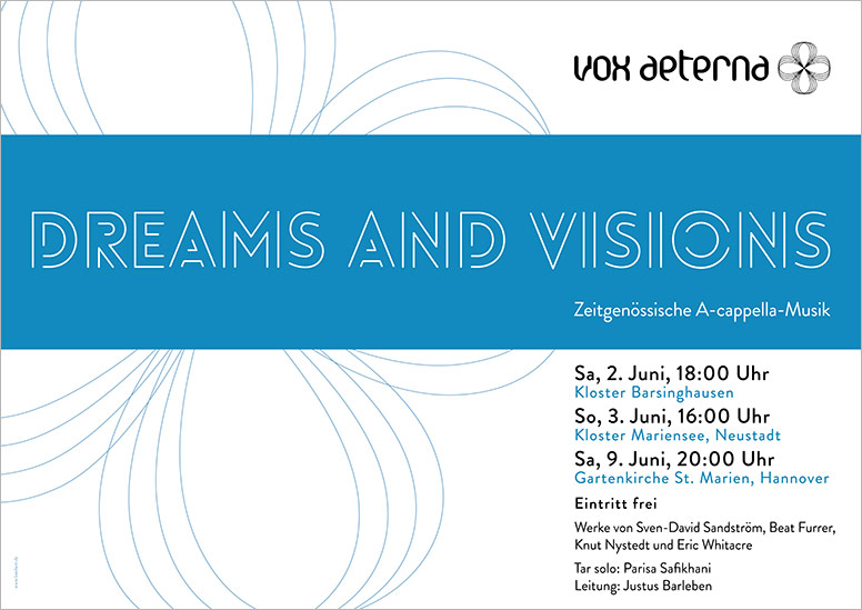 Konzertplakat "Dreams and Visions – Zeitgenössische A-cappella-Musik" des 16-stimmigen Vokalensembles vox aeterna aus Hannover